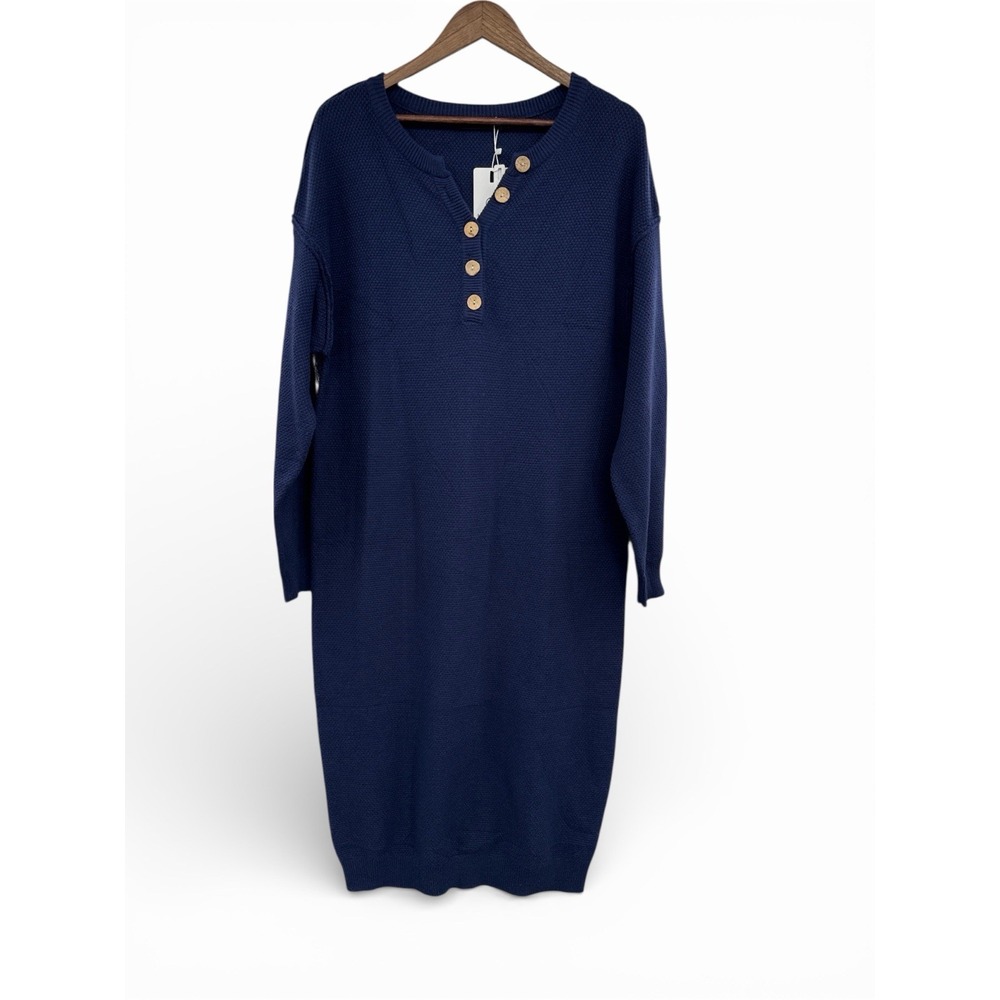 MEROKEETY Women's Midi Chunky Knit Sweater Dress Navy Blue Long Sleeve Sz L NWT‎